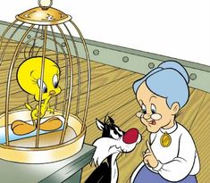 an old woman is petting a cat in front of a birdcage with a rubber ducky on it