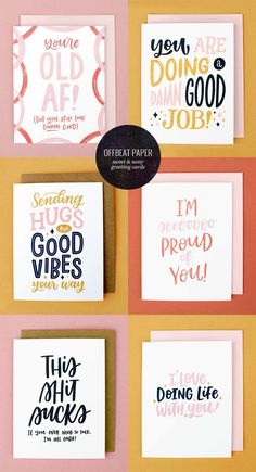 four different types of greeting cards on a pink and yellow background with the words, you are doing good job