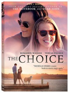 the choice movie poster with two people and a dog standing on a dock at sunset