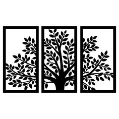 three black and white silhouettes of trees with leaves on the branches, one is cut out