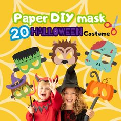 two children in halloween costumes with paper masks on their faces and the words paper diy mask 20 halloween costume