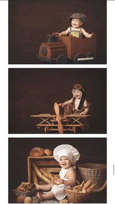 two pictures of babies in different stages of playing with bread and other things on the table