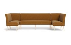 a brown couch with two white legs and a long back rest on an isolated white background