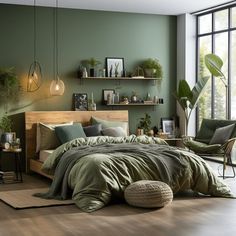 a bedroom with green walls and wooden flooring is pictured in this image, there are plants on the shelves above the bed