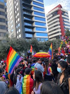 a large group of people with rainbow flags