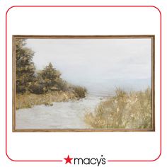 an oil painting of a snowy path leading to the beach with trees in the distance