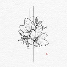 a black and white drawing of flowers with the letter e in the middle on paper