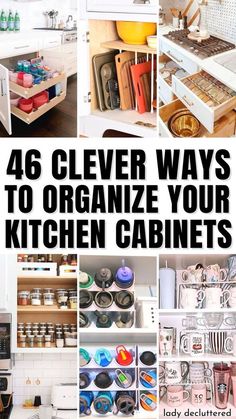 the kitchen cabinets are organized and labeled with different types of items that can be used to organize