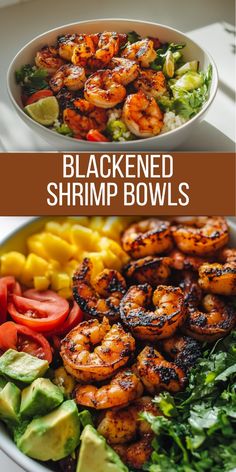 shrimp and avocado salad with text overlay that reads blackened shrimp bowl recipe