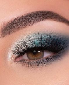 Teal And Silver Eye Makeup, Winter Blue Eyeshadow Looks, Teal Blue Makeup Look, Teal Eyeshadow Looks For Brown Eyes, Winter Formal Makeup For Blue Eyes, Silver Blue Eye Makeup, Light Blue And Silver Makeup, Makeup For Teal Dress, Teal Dress Makeup Ideas