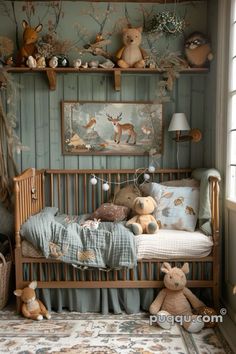 a child's bed with stuffed animals on it