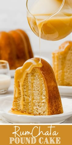 a bundt cake is being drizzled with caramel sauce and served on a white plate