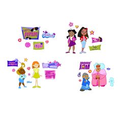 various cartoon characters are shown on a white background, including two girls and one boy