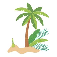 a palm tree sitting on top of a sandy beach next to a green coconut drink