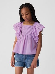 Kids Flutter Eyelet Shirt | Gap Casual Gap Tops With Flutter Sleeves, Gap Casual Tops With Flutter Sleeves, Summer Ruffled Tops By Gap, Gap Ruffled Tops For Summer, Summer Ruffled Tops From Gap, Cute Cotton Square Neck Tops, Gap Tops For Spring, Spring Tops With Lace Trim And Butterfly Sleeves, Gap Ruffled Short Sleeve Tops