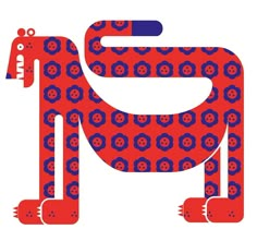 a red and blue horse with skulls on it's back legs is standing in front of a white background