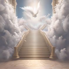 a stairway leading to heaven with white doves in the sky and clouds surrounding it