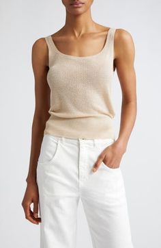 Shimmering threads bring understated glamour to this casual-staple sweater-knit tank with a scooped neck and ribbed hem. Scoop neck 89% viscose, 11% polyester Dry clean Made in Italy Designer Clothing Metallic Sweater, Cami Tanks, Knit Tanks, Scoop Neck, Knitted Sweaters, Nordstrom, Bring It On, Womens Tops, Tank Tops