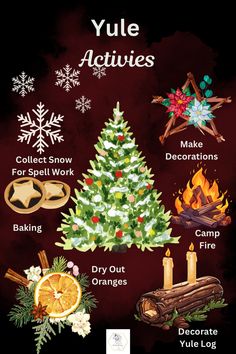 the yule activities poster is shown with an image of a christmas tree and other decorations