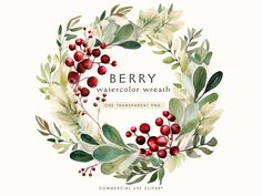 a watercolor wreath with berries and leaves