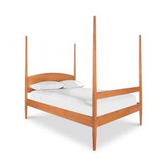 a wooden bed frame with white sheets and pillows on top of it, against a white background