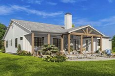 this is an artist's rendering of a house in the country style with porch and covered patio