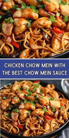 chicken chow mein with the best chow mein sauce is shown in two different pictures, and then