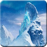 an image of a frozen castle in the middle of snow covered mountains and ice crystals