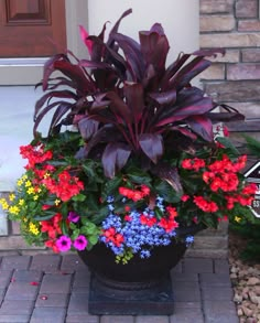 a large pot filled with lots of flowers on top of a brick floor next to a door