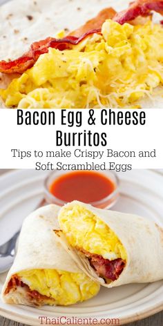 bacon egg and cheese burritos on a white plate