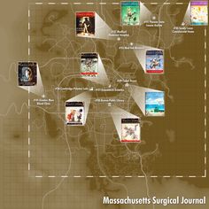 a map showing the locations of various games and their characters in each region, including massaucusets surgical journal