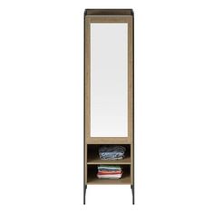 a tall wooden cabinet with a mirror on the top and shelves below it for clothes