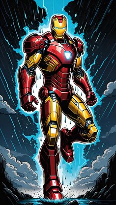 an iron man standing in the rain