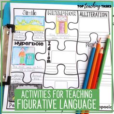 a piece of puzzle paper with the words activities for teaching figure language