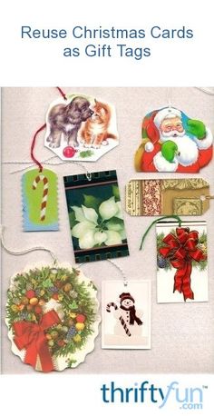 christmas cards as gift tags are hung on a wall with ribbons, bows and ornaments