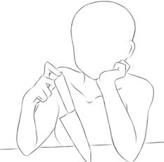 a drawing of a person sitting at a table with their hand on his chin, looking down