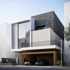 an architectural rendering of a modern building with two cars parked in front