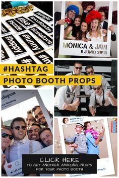 many different photos with the words hash photo booth props in yellow, black and white