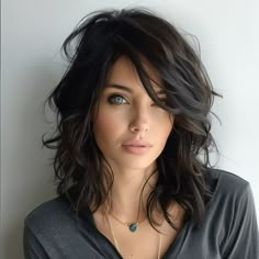 Easy Hair With Bangs, Chocolate Brown Shag Hair, Dark Hair Medium Length Layers, Layered Haircut Thick Hair, Messy Layered Hair Medium, Dark Hair Haircut, Dark Shoulder Length Hair, Razor Cut Hairstyles, Medium Dark Hair