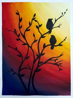 a painting of two birds sitting on a tree branch in front of an orange and blue sky