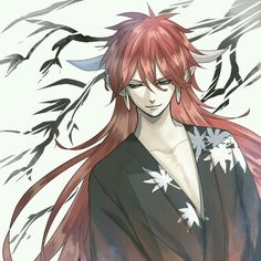 an anime character with long red hair wearing a kimono