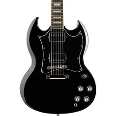 an electric guitar with black body and pick up knobs on the top, in front of white background