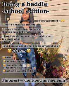 a woman standing in front of a house with the text being a baddie school editor