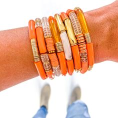 Cheap Orange Statement Bracelets, Cheap Orange Bracelet With Large Beads, Cheap Orange Beaded Bracelets For Party, Handmade Retro Bracelets, Luxury Modern Orange Bracelets, Affordable Orange Bangle Bracelet, Bamboo Tube Bracelets, Clothespin Diy Crafts, Bamboo Bracelet