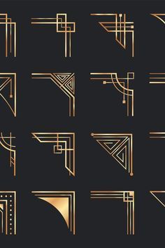 golden art deco alphabets and numbers on black background with gold lines, curves and rectangles