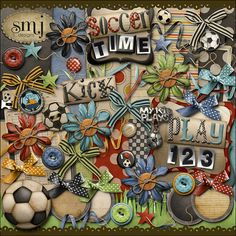 a collage of different items with the words soccer time written on them and an image of