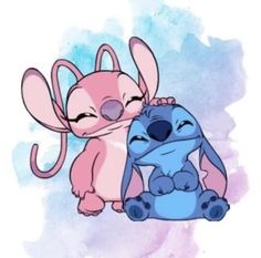 two cartoon characters hugging each other on a blue and pink watercolor stained background