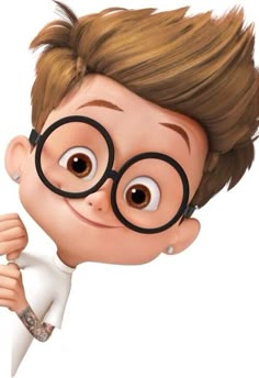 a cartoon boy wearing glasses and pointing to the side with his right hand on top of his head