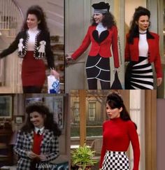 four pictures of the same woman in different outfits, one is wearing a red jacket and white shirt