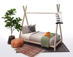 a bed that is sitting on top of a rug next to a potted plant